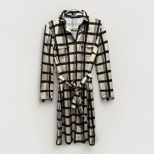 J. McLaughlin Catalina Cloth Stretch Knit Plaid Cream Brown Long Sleeve Dress XS